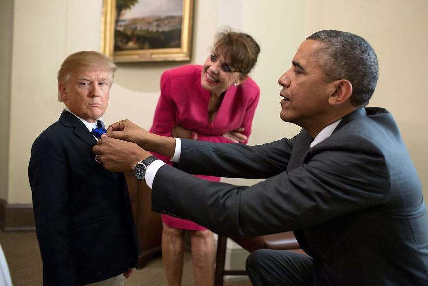  Donald looks as if he needs a helping hand from his predecessor in this ridiculous image