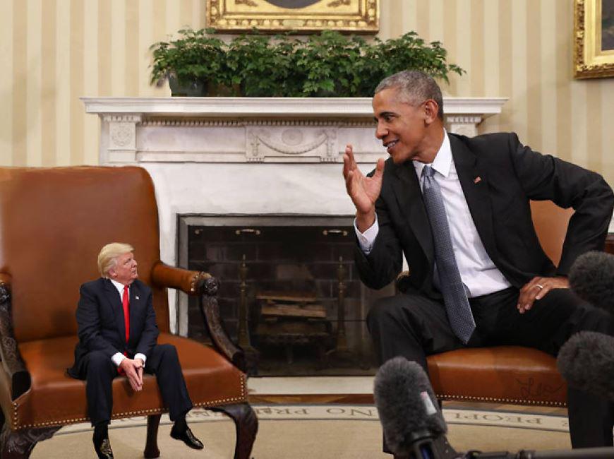  In one image, a tiny version of The Donald can be seen deep in conversation with Barack Obama