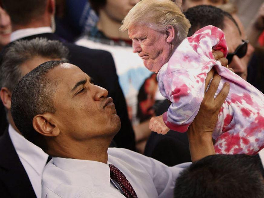  The former President can be seen holding up a baby version of Trump in this edited shot