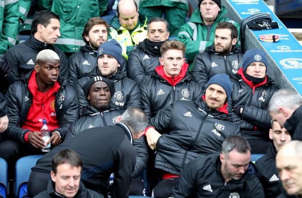 Manchester United's bench cost more than most teams' first XI (back row: Juan Mata; middle row, left to right: Paul Pogba, Luke Shaw, Dean Henderson, Bastian Schweinsteiger; front row, left to right: Eric Bailly, Zlatan Ibrahimovic)