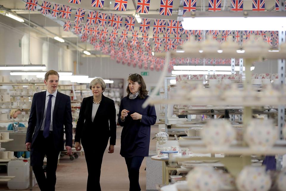  Mrs May visited the Conservative candidate in Stoke in a pottery warehouse ahead of Thursday's vote