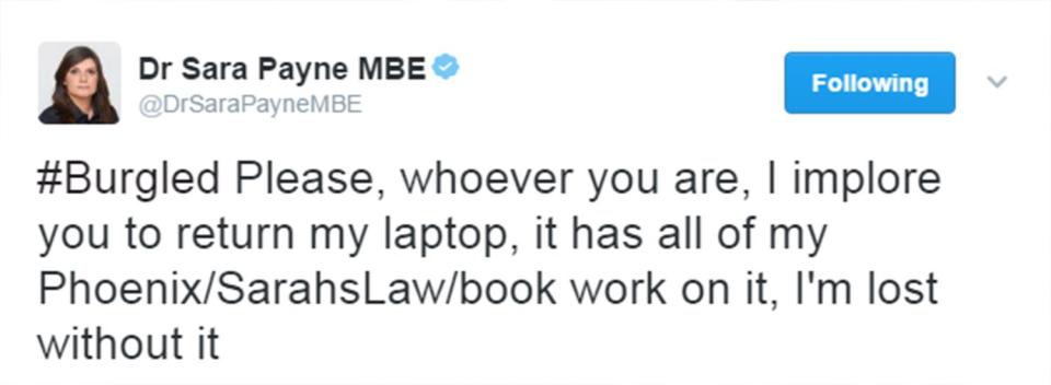  Dr Payne has asked the thieves to return her laptop