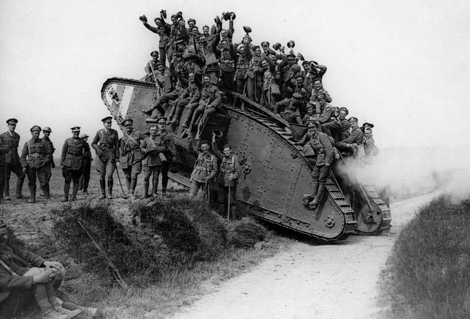  Jubilant British troops hitch a ride on a Mark IV after massed tank fleet spearheaded attack at Cambrai on 20 November 1917