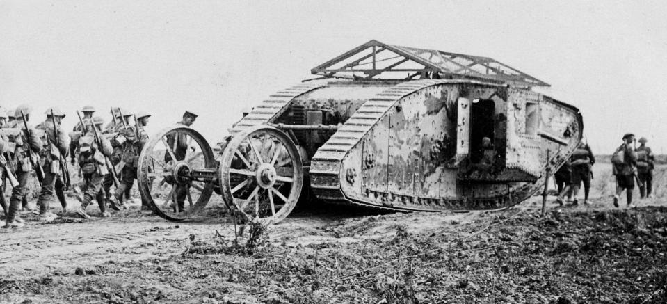  British Mark I male tank with its distinctive wheeled steering tail and chicken-wire ‘bomb roof'