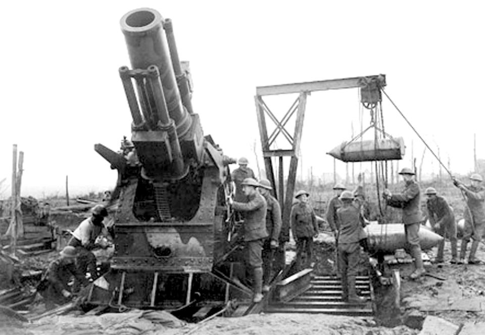  A British 15in Howitzer artillery piece pounds German positions at Passchendaele, Belgium