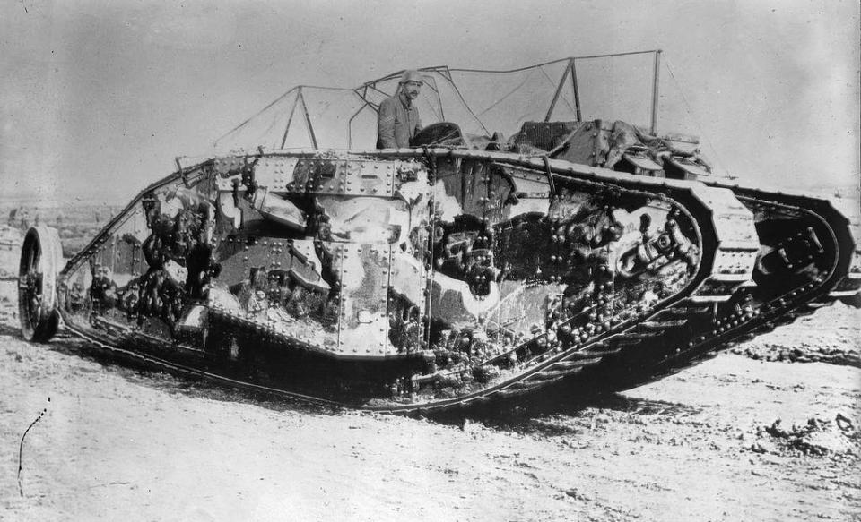  Mark I tanks were produced as male with 6-pounder guns inside sponsons or female versions with machine guns, pictured