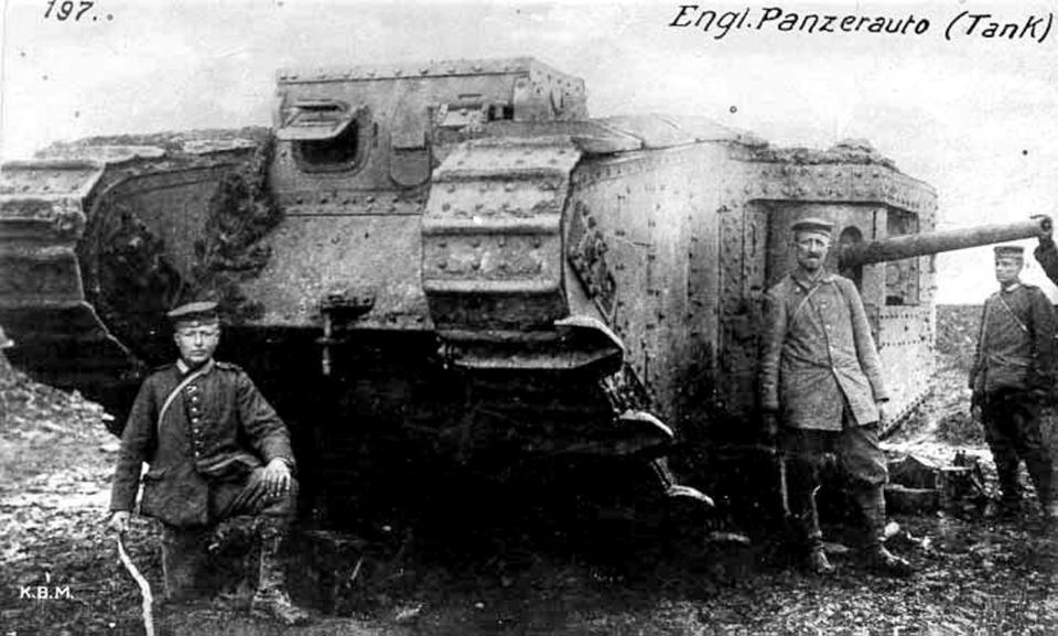  A British Mark II male tank with spudded tracks captured by Germans near Arras on 11 April 1917