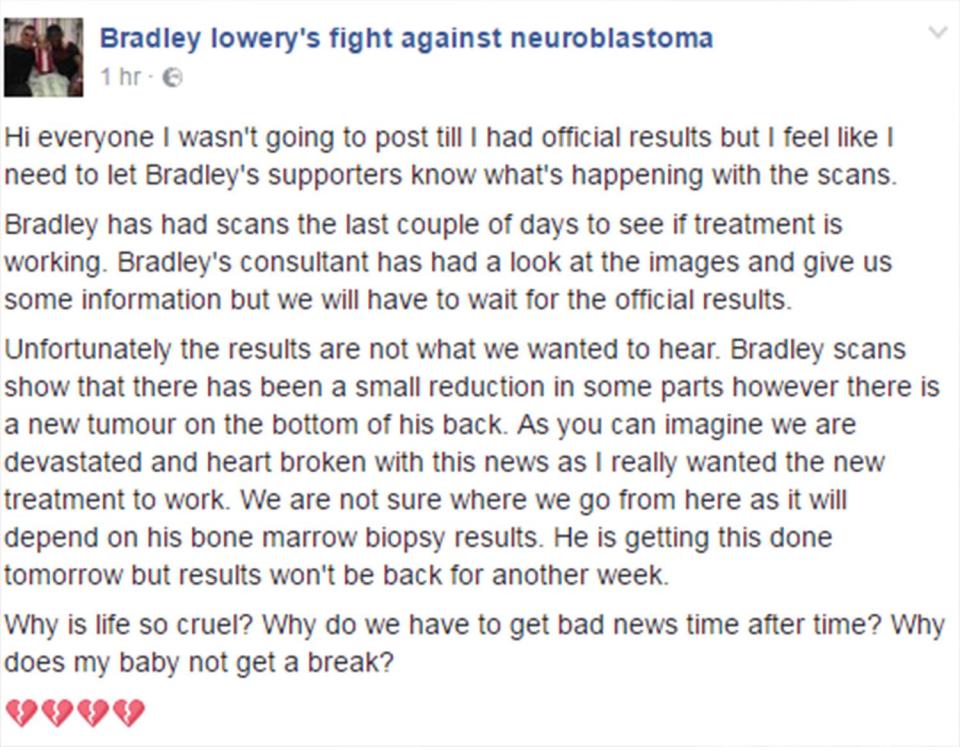  Bradley's family took to Facebook to reveal the heartbreaking news