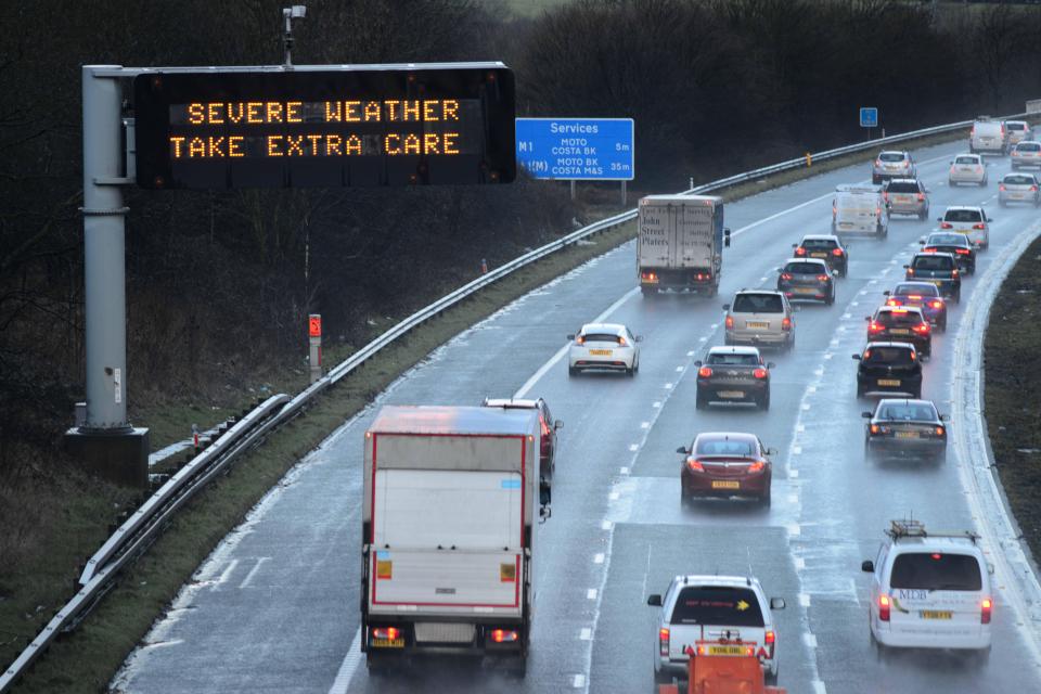  Signs warning drivers of treacherous conditions were spotted on the M1 in Barnsley, South Yorks, this morning