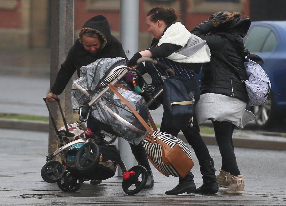  A pushchair is lifted off the ground by strong winds in Blackpool