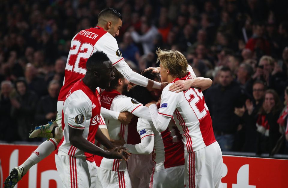  Ajax celebrate after finally breaking the deadlock three minutes into the second half