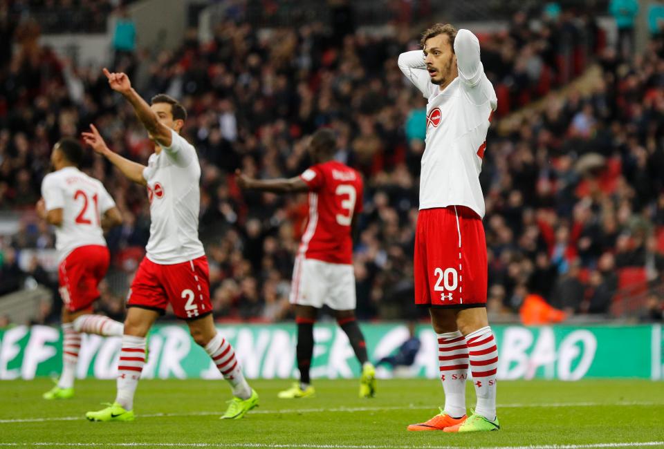  Manolo Gabbiadini's joy soon turned to despair as his Wembley strike was WRONGLY ruled out