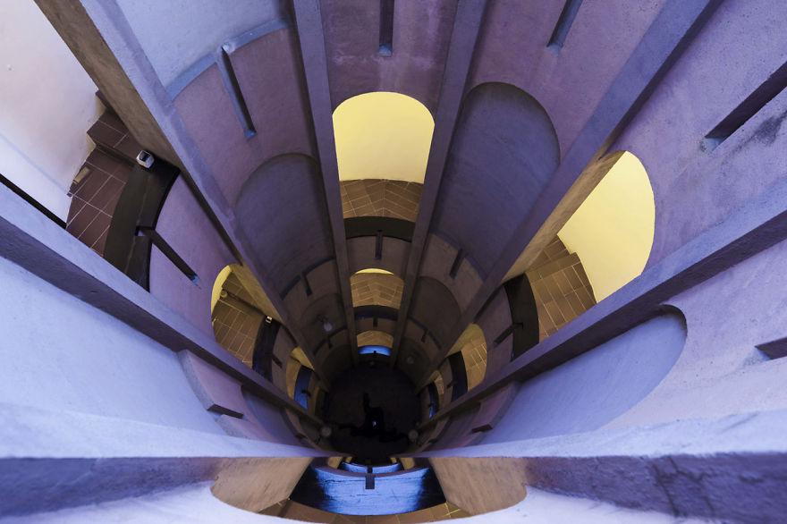  The silo’s stairs were re-designed and painted, with new skylights that flood the dramatic space with natural light