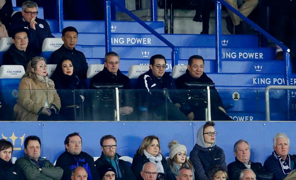  Leicester chairman Vichai Srivaddhanaprabha and vice chairman Aiyawatt Srivaddhanaprabha watch on from the stands