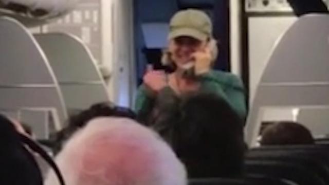  The 'pilot' suddenly appears on the plane and begins speaking on the intercom