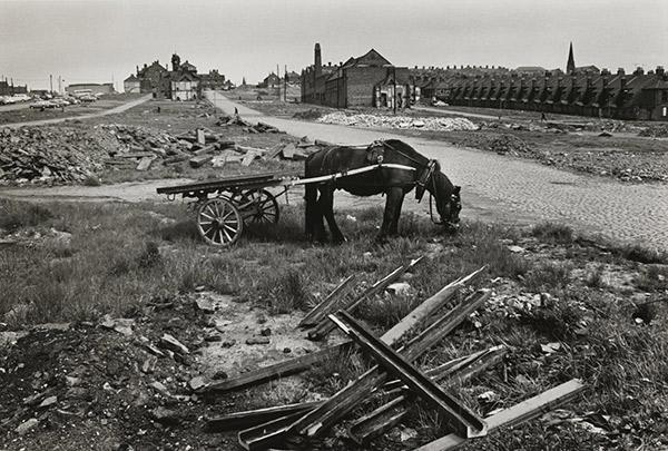  ‘Ragman’s horse and cart by Union Road, 1970'. A horse with its cart attached grazes on a demolished street