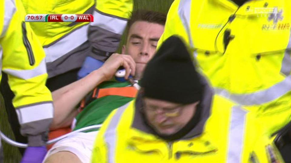  Seamus Coleman was clearly in pain as he was taken away from the Aviva Stadium on a stretcher