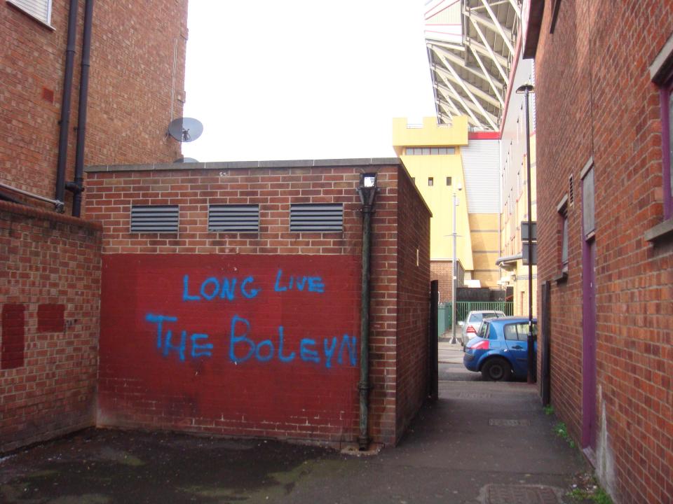  Graffiti saying "Long Live The Boleyn" is still visible outside the ground