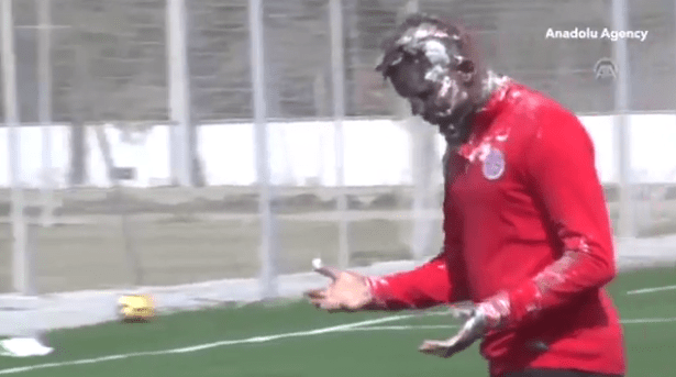  He stormed off the field in disbelief as he was covered in cake