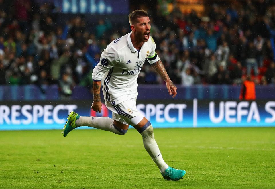  Sergio Ramos celebrates after his goal sent Uefa Super Cup into extra time