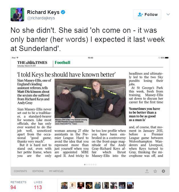  Richard Keys accuses Sian Massey-Ellis of lying