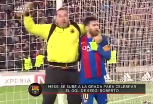  The thrilled supporter gets to embrace Barcelona superstar Lionel Messi for a moment