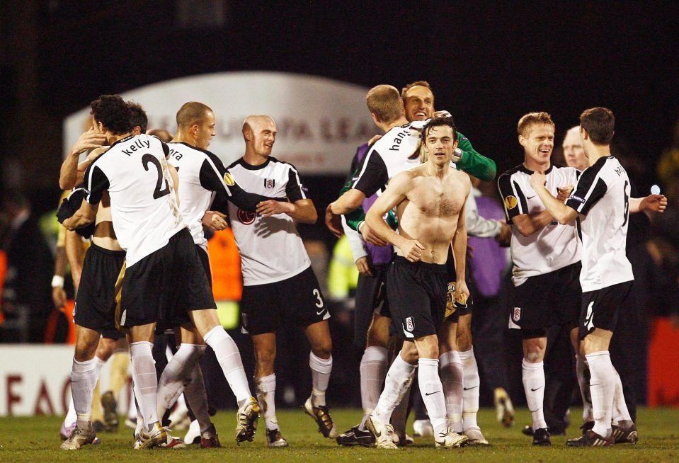  Fulham players celebrate the historic victory over Juventus at Craven Cottage