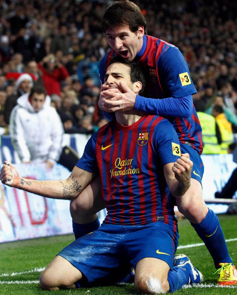  Goal...the friendly duo celebrate a Fabregas strike for Barca