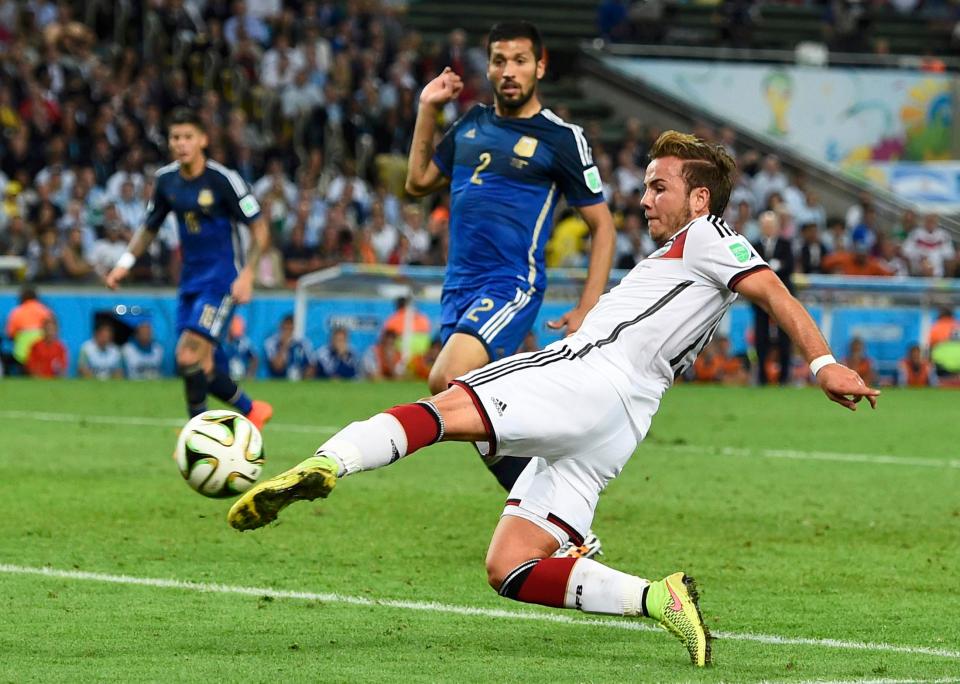  Playmaker Mario Gotze shows brilliant technique to volley home in the World Cup final