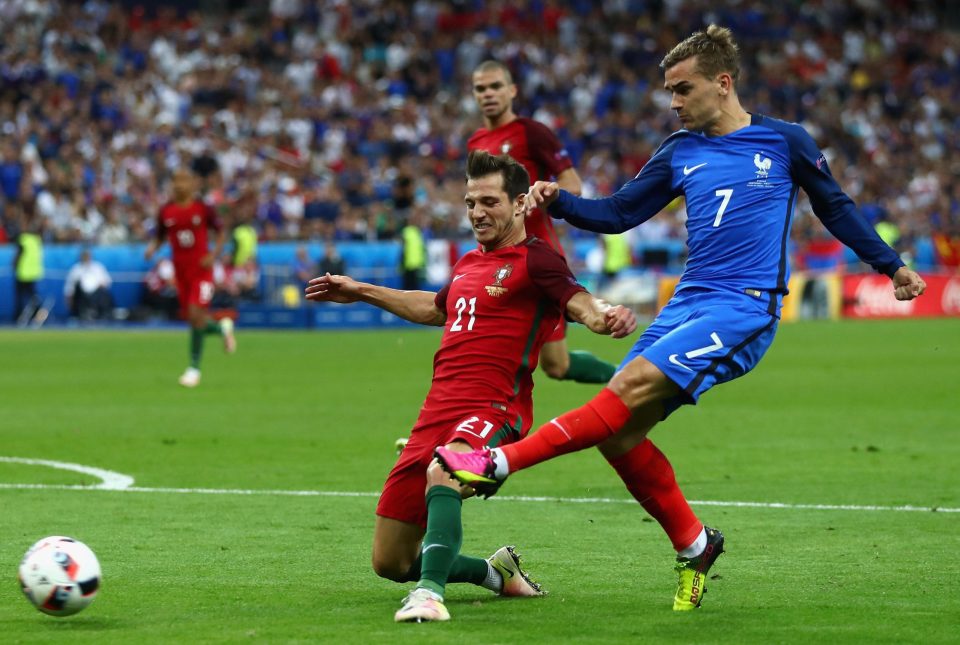  Soares challenges France forward Antoine Griezmann in the final of Euro 2016