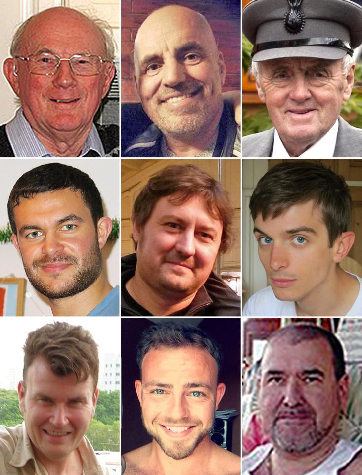  Nine of the victims (top row) Graham Mallinson, Mark Trussler and Maurice Abrahams, (middle row) Matthew Grimstone, Dylan Archer and Richard Smith, (bottom row) Tony Brightwell, Matt Jones and Mark Reeves.