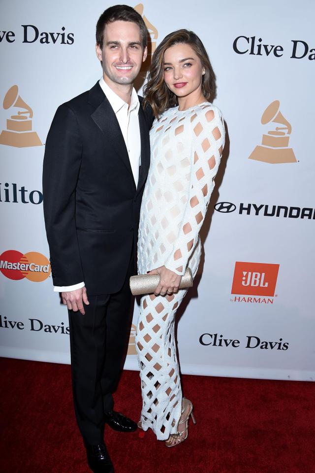  The happy couple ... Miranda and Evan Spiegel at the 2016 pre-Grammy gala