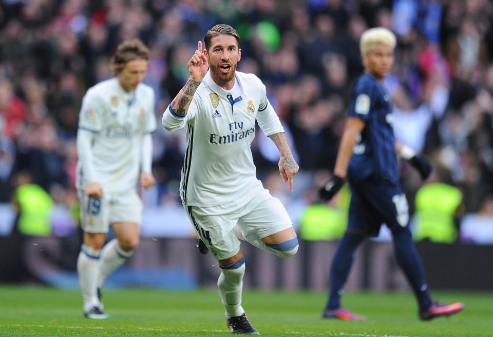  Sergio Ramos celebrates after scoring two goals in first 45 minutes vs Malaga