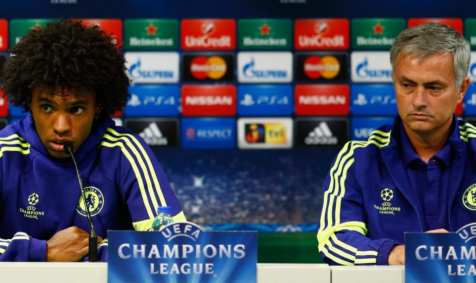  Willian (complete with Afro) faces the media with Jose Mourinho in 2014