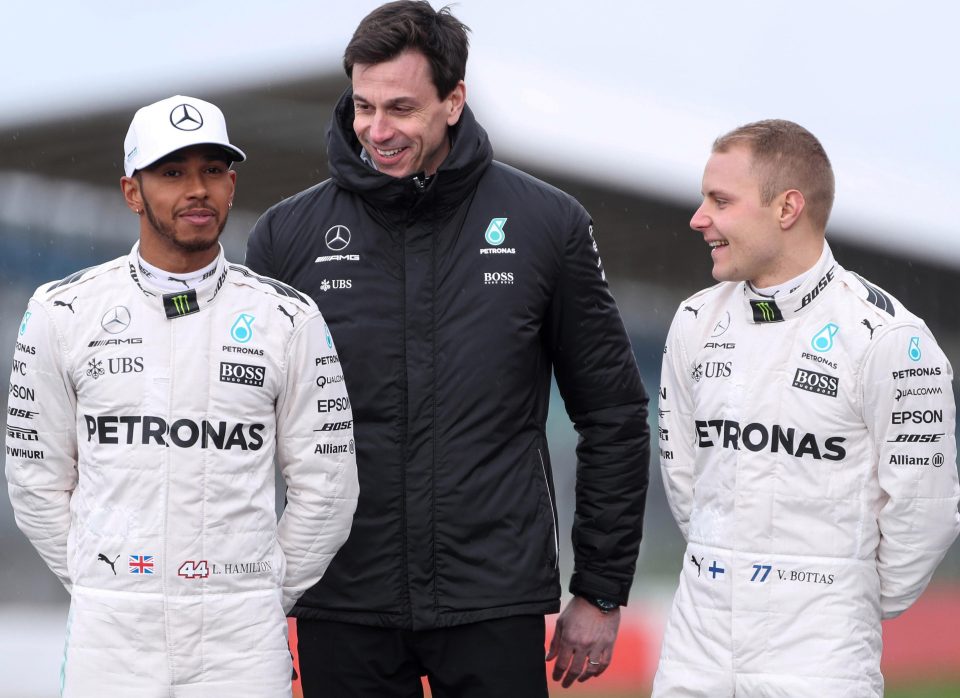  Toto Wolff with Mercedes drivers Lewis Hamilton and Valtteri Bottas