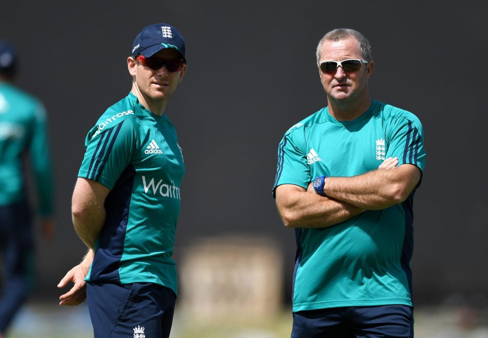  Morgan talks to England coach Paul Farbrace in Antigua