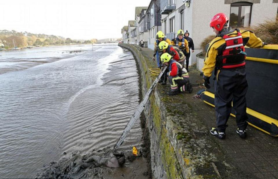  A man who fell into the mud next to a river crawls towards rescue