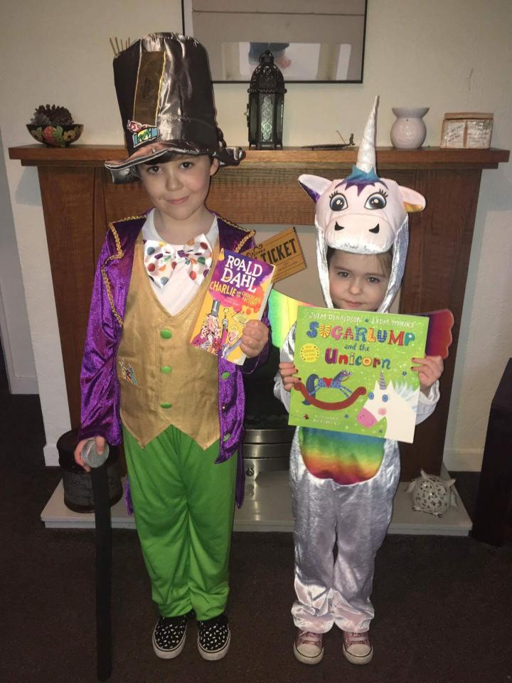  Sebastian Brown, 7 and Florence Brown, 4 from Hull are dressed as Willy Wonka - Charlie and the Chocolate Factory Unicorn - Sugarlump and the Unicorn respectively