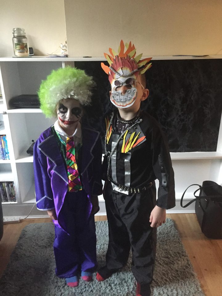  Poppy Chaplin, 5 (left) and Harlow Arthur Chaplin, 6 (right) from Harlow are dressed as The Joker and Ghost Rider