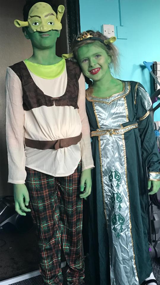  Jack, 11, and Maisie, 7, are dressed as Shrek and Princess Fiona