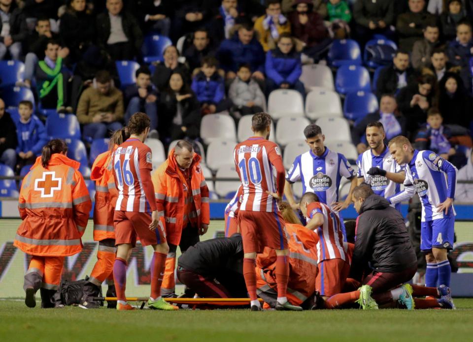  After several minutes of treatment Torres was placed on a stretcher