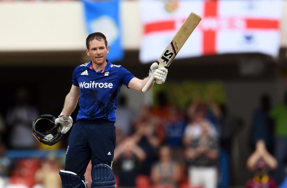  Morgan celebrated after scoring his century at the first of three ODIs