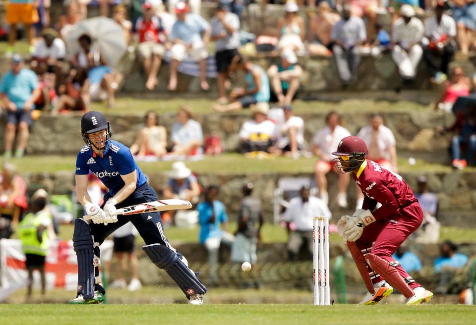  England skipper Morgan players a reverse sweep in Antigua