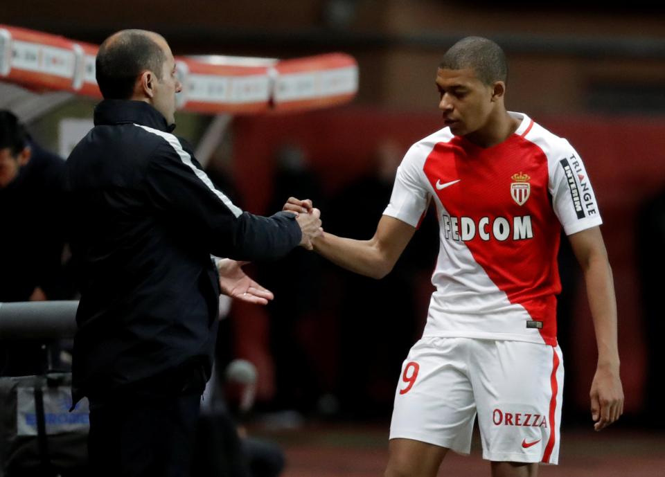  Kylian Mbappe with Monaco's Portuguese coach Leonardo Jardim