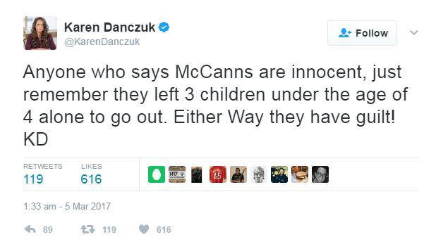  Karen Danczuk posted on Twitter about the McCanns, alleging: 'Either way they have guilt'