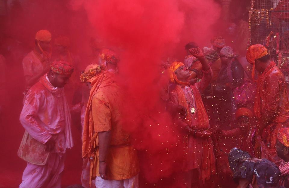  They beat the men from Nandgaon, the hometown of Hindu God Krishna, with wooden sticks in response to their efforts to throw color on them