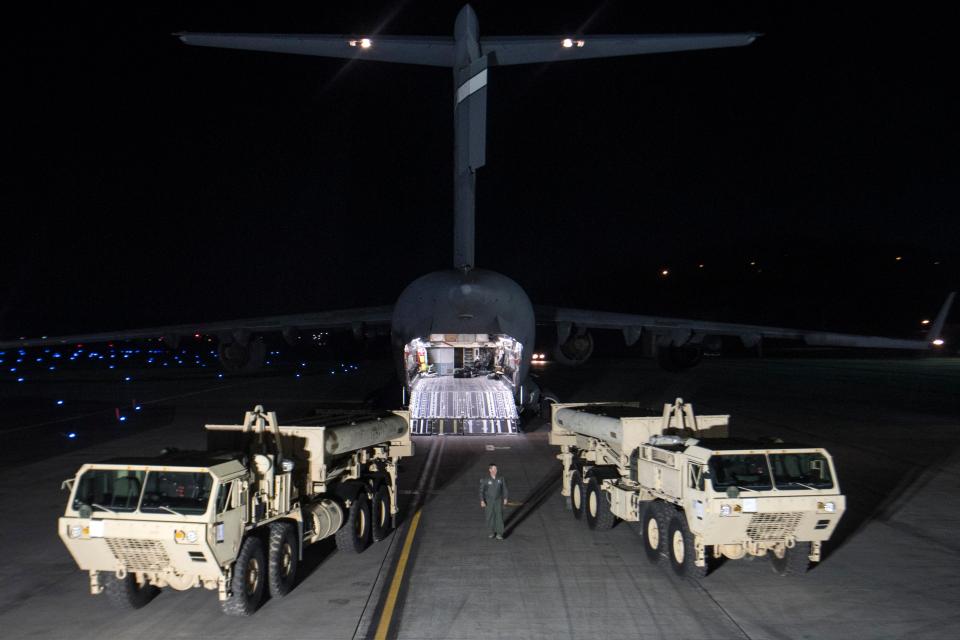  The first elements of the THAAD missile system arrived in South Korea on Monday