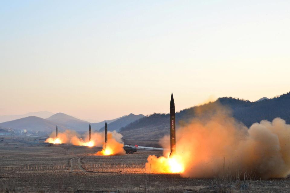  Kim's Hwasong rockets are tested during another drill earlier this year