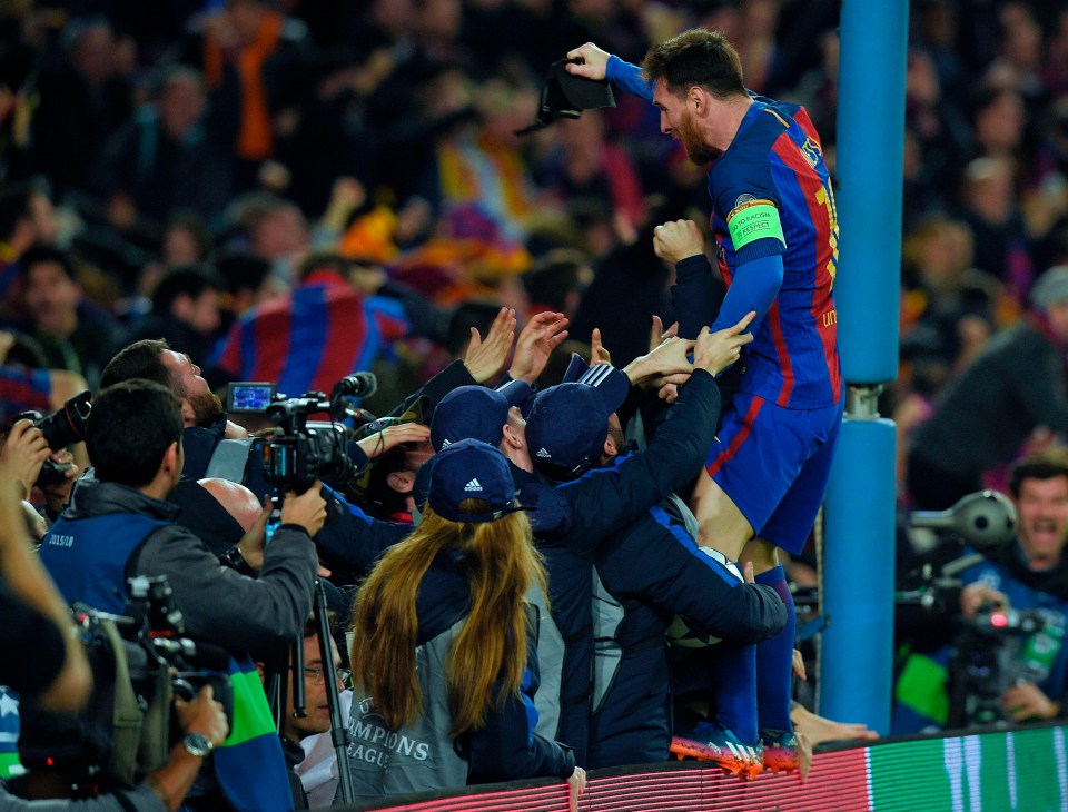 Lionel Messi leaps into the crowd after Barcelona recorded the most unbelievable comeback victories of all time