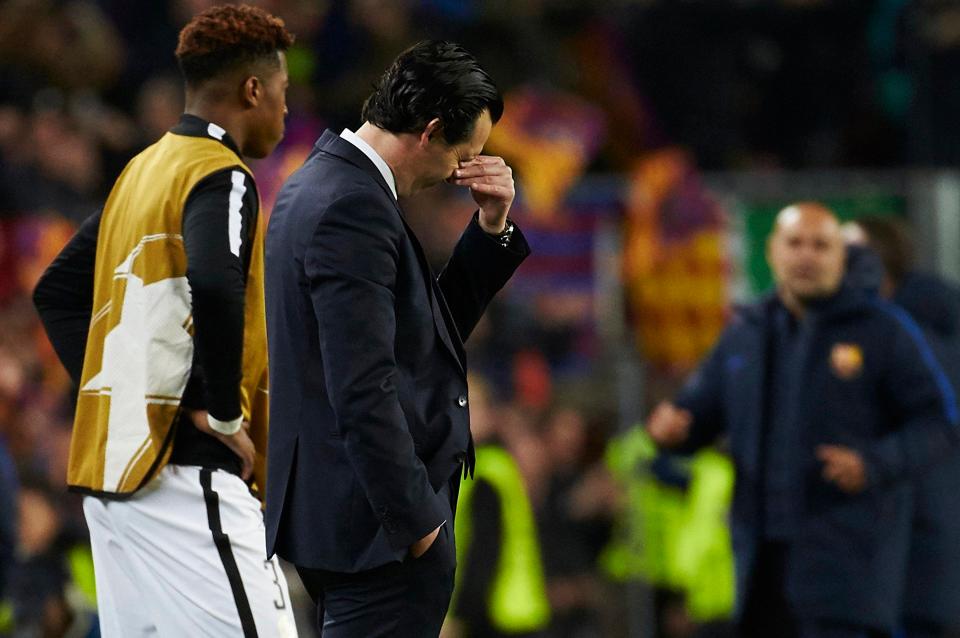  PSG coach Unai Emery is crestfallen after seeing his side capitulate at the Nou Camp